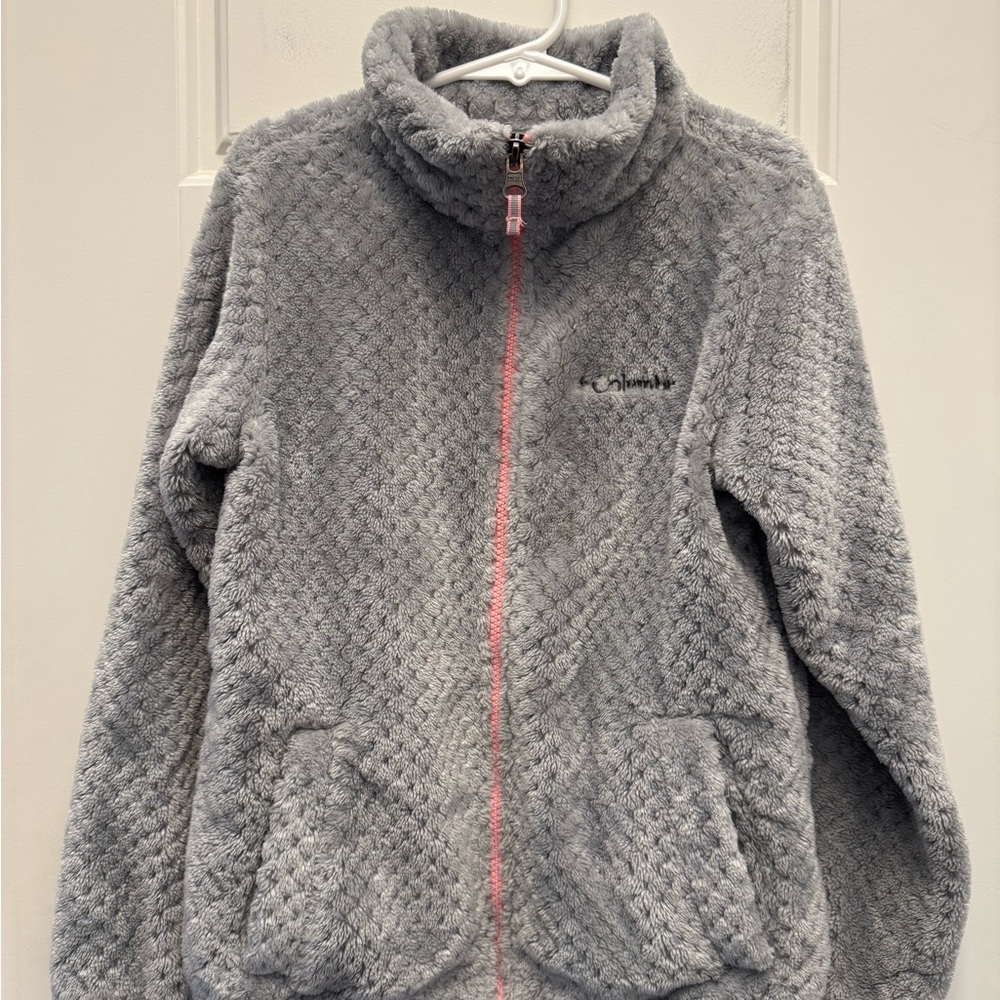 Columbia Girls Fire Side Sherpa Fleece Grey Pink Zip Up Jacket Size Small